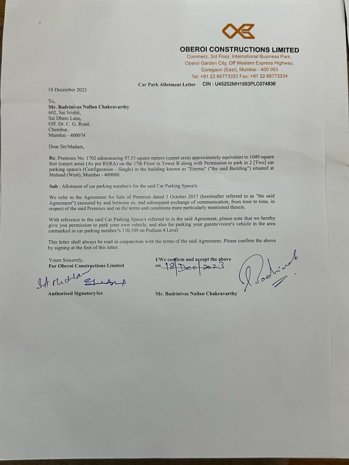 3 BHK Semi Furnished in Oberoi Eternia , Mulund West